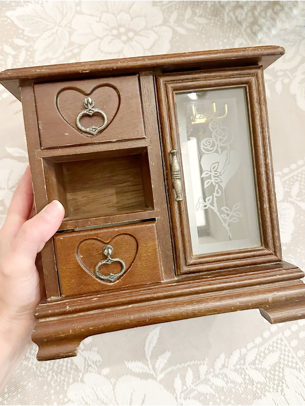 Brown Wooden Jewelry Box with Mirror Door